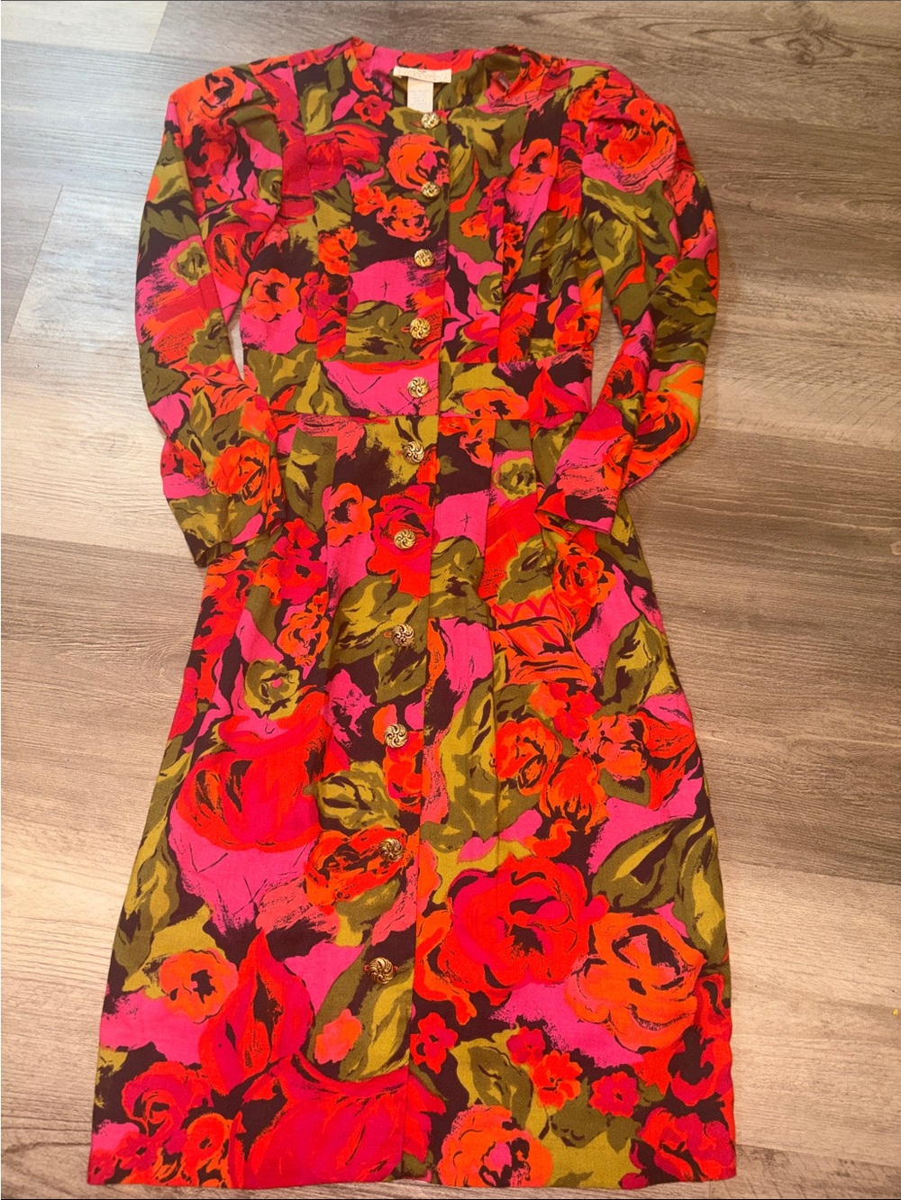 Vintage Long-Sleeve Floral Button-Front Dress in Pink and Olive